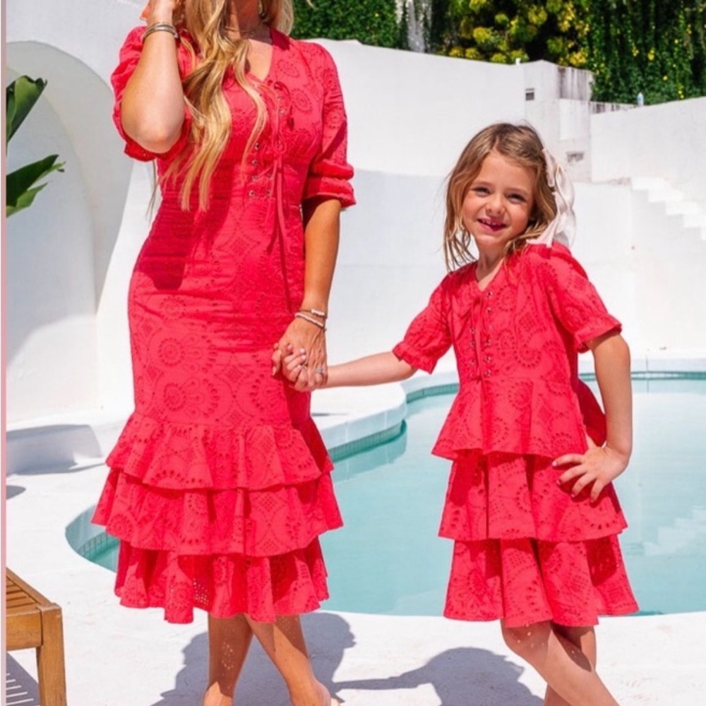 Ivy City Coral women Lace Midi Dress Bright Eyelet Tiered Ruffle Size 14